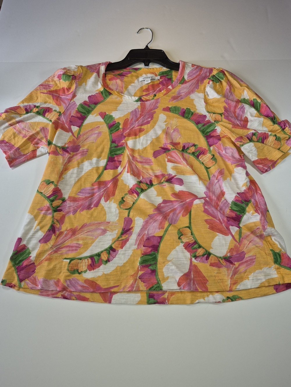 Chico's Orange Pink Green Floral Short Sleeve Scoop Top